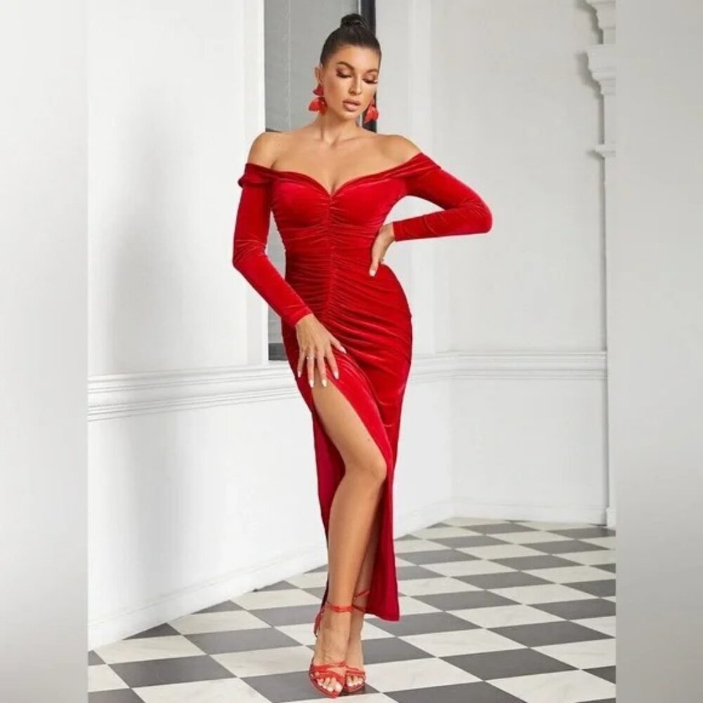 GLAMAKER 4XL Off Shoulder Ruched Split Thigh Stretch Velvet Dressy Gown